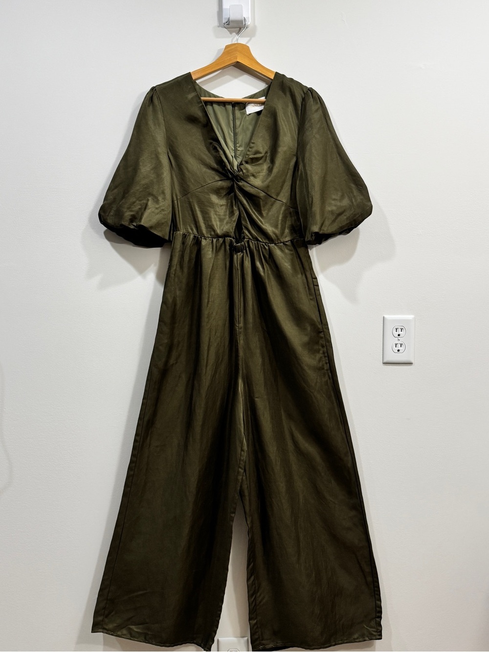 Sancia x Anthropologie Aida Twist-front Olive Green Puff-Sleeve Jumpsuit Sz M